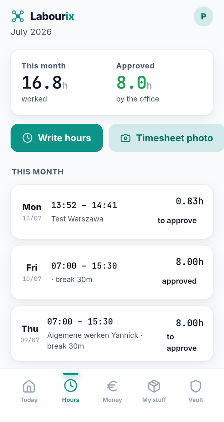 Labourix worker app — GPS clock-in and documents